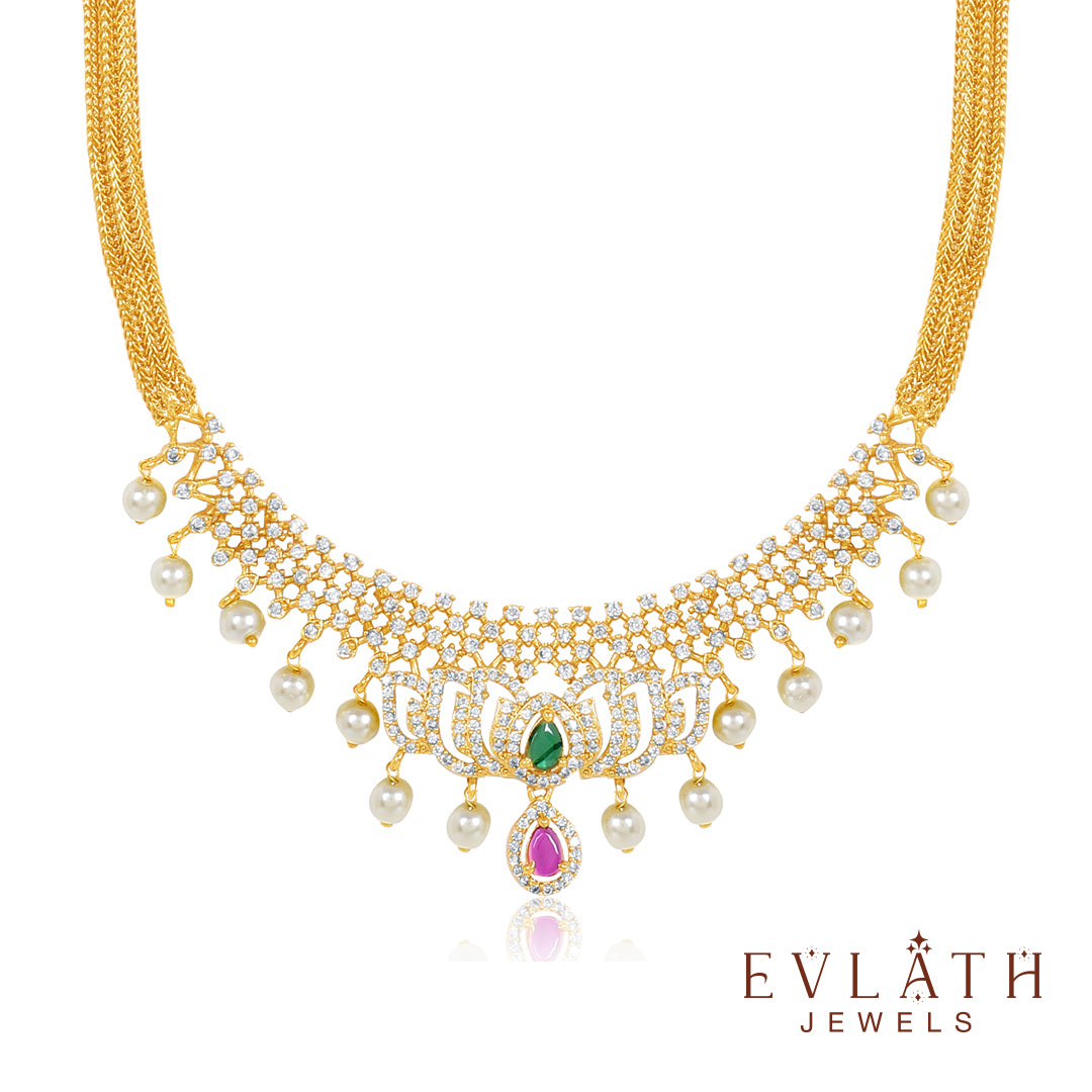 AD Stone Necklace with Pearl Accents & Matching Earrings – Evlath Jewels