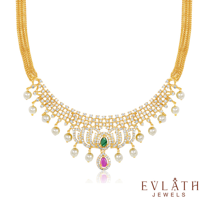 AD Stone Necklace with Pearl Accents & Matching Earrings – Evlath Jewels