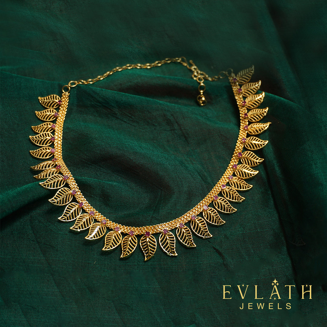 Premium Quality Gold Plated Leaf Shaped Ruby Necklace - Evlath Jewels.