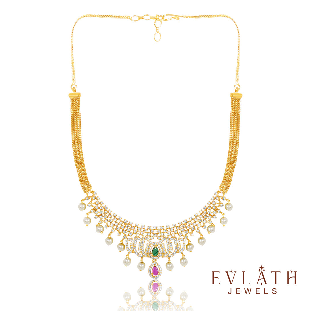 AD Stone Necklace with Pearl Accents & Matching Earrings – Evlath Jewels