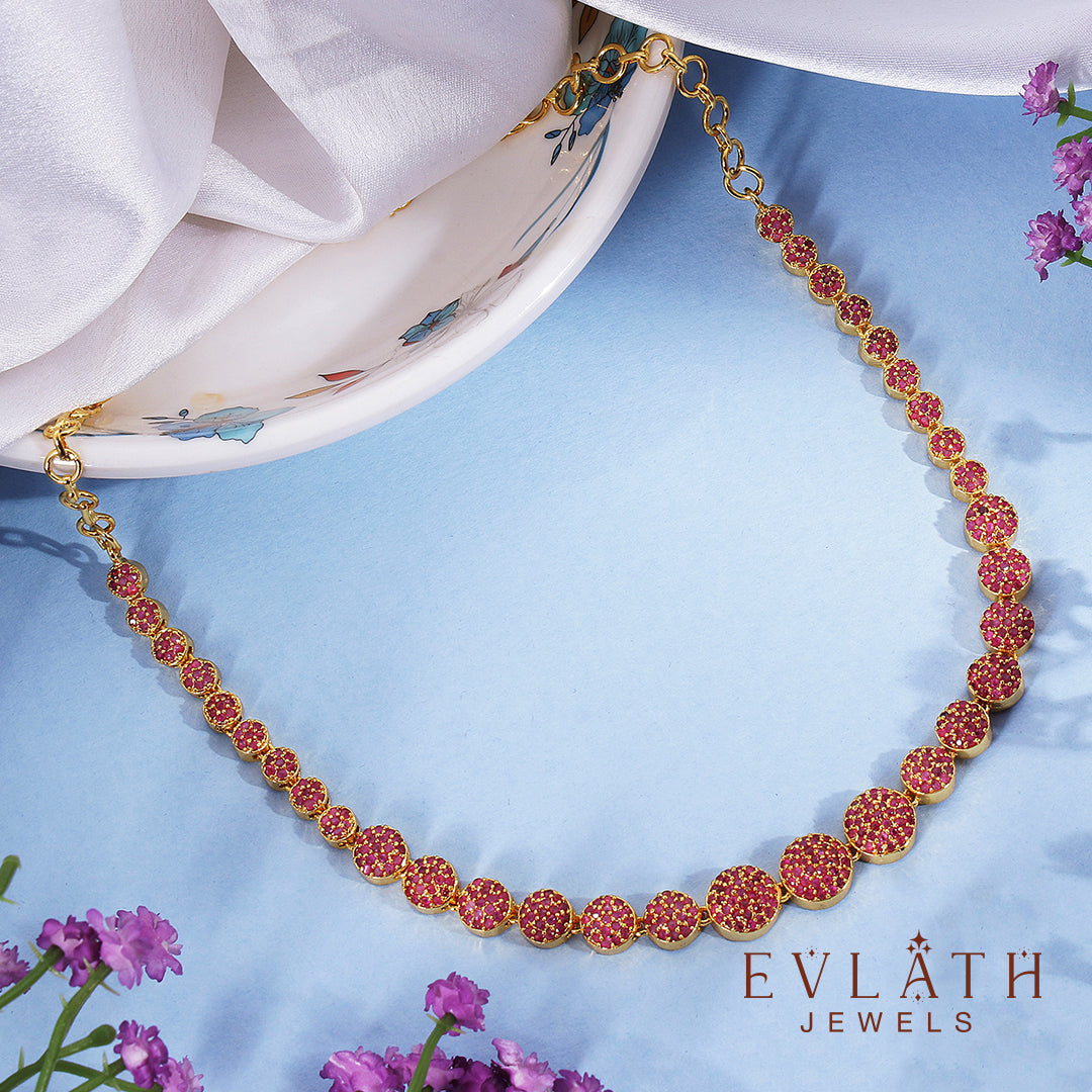 Premium Quality Gold Plated Ruby Stone Beads Studded Necklace - Evlath Jewels.