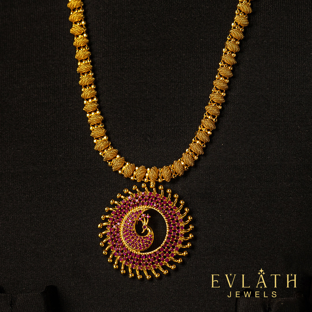 Premium quality gold-plated peacock ruby Stone pendant set - Evlath Jewels