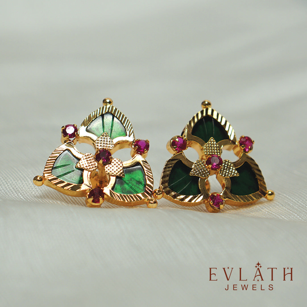 Elegant Gold-Plated Palakka Petals Ear Studs: Premium Quality Tradition - Evlath Jewels