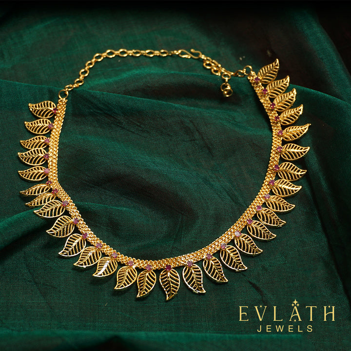 Premium Quality Gold Plated Leaf Shaped Ruby Necklace - Evlath Jewels.