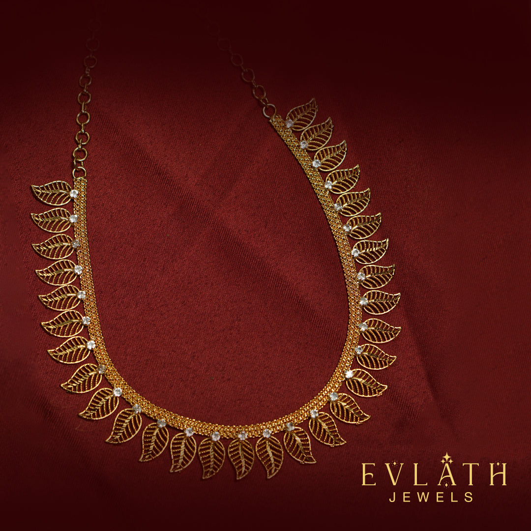 Premium Quality Gold Plated Leaf Shaped AD Stone Necklace - Evlath Jewels
