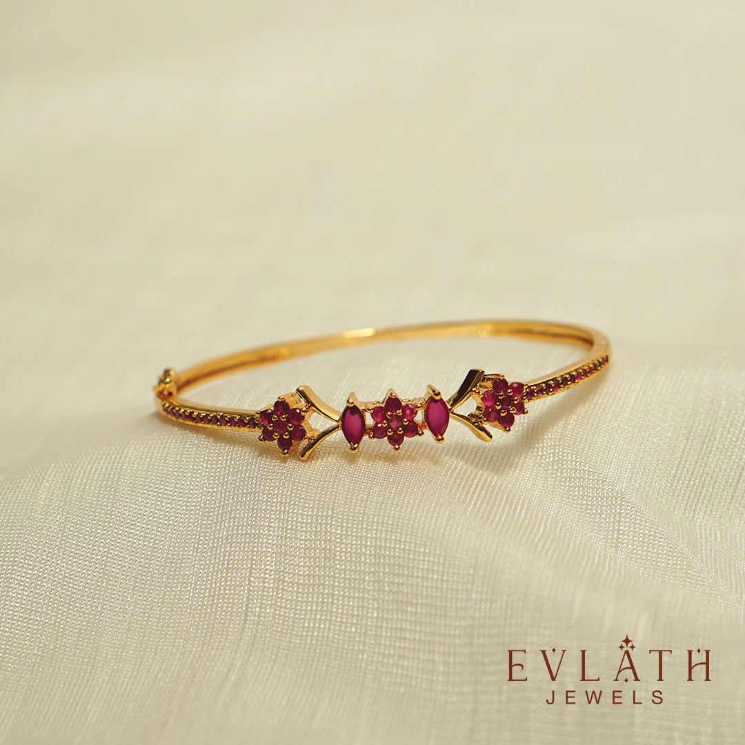 Premium Gold-Plated Bangles with Ruby Stone Detailing, Adjustable Fit - Evlath Jewels.