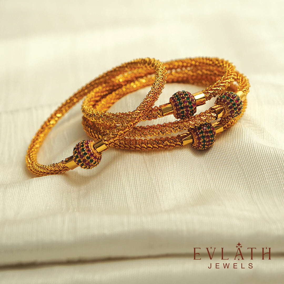 Premium Gold-Plated Bangles with Ruby, Green, and Multicolored Stones - Evlath Jewels