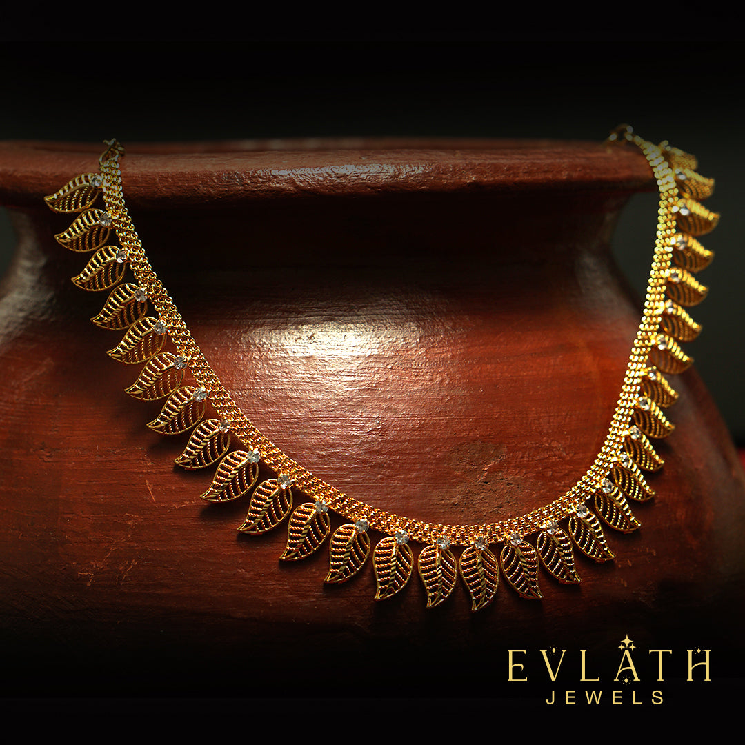 Premium Quality Gold Plated Leaf Shaped AD Stone Necklace - Evlath Jewels