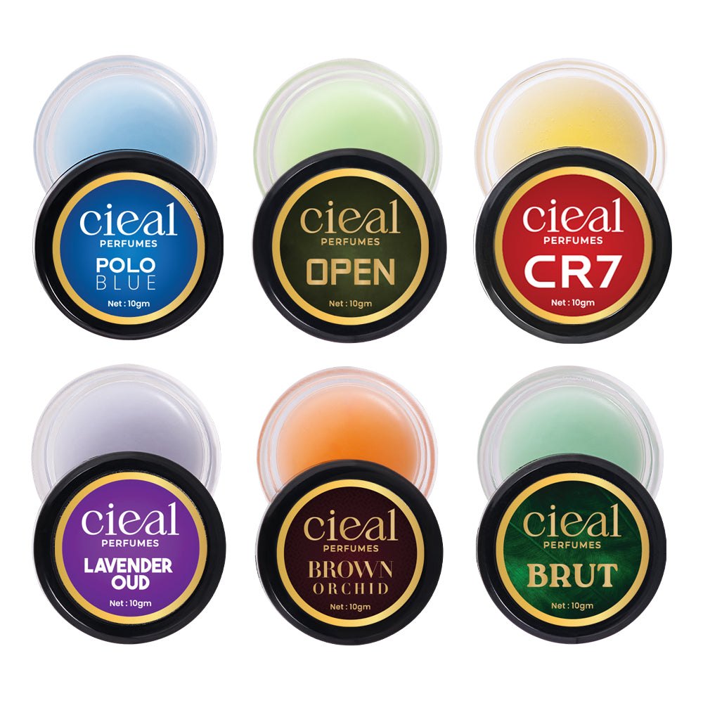 CIEAL Solid Perfume Set of 6 – Polo Blue | Open | CR7 | Lavender Oud | Brown Orchid | Brut