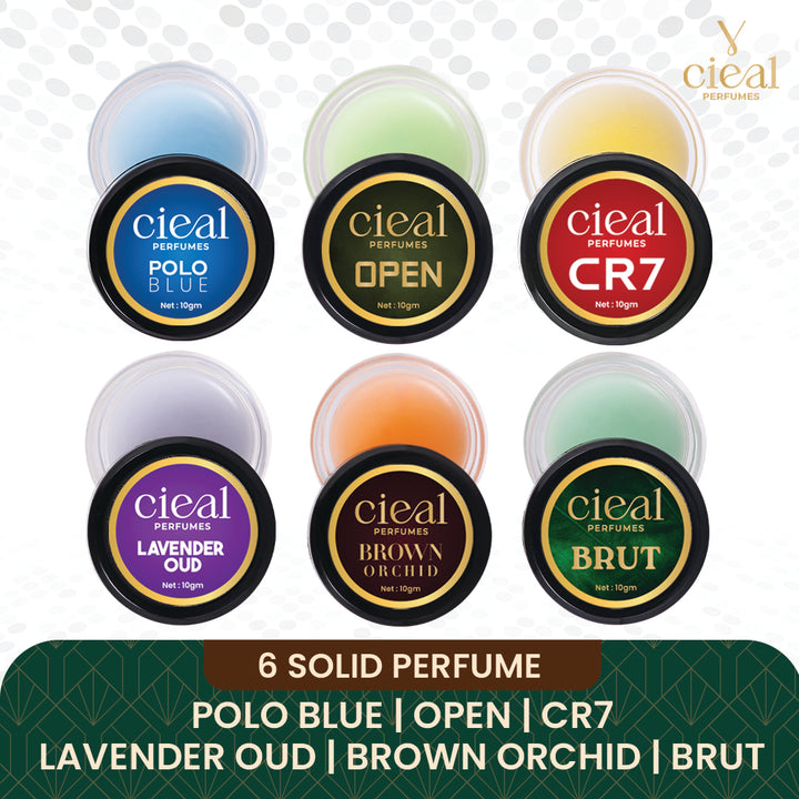 CIEAL Solid Perfume Set of 6 – Polo Blue | Open | CR7 | Lavender Oud | Brown Orchid | Brut