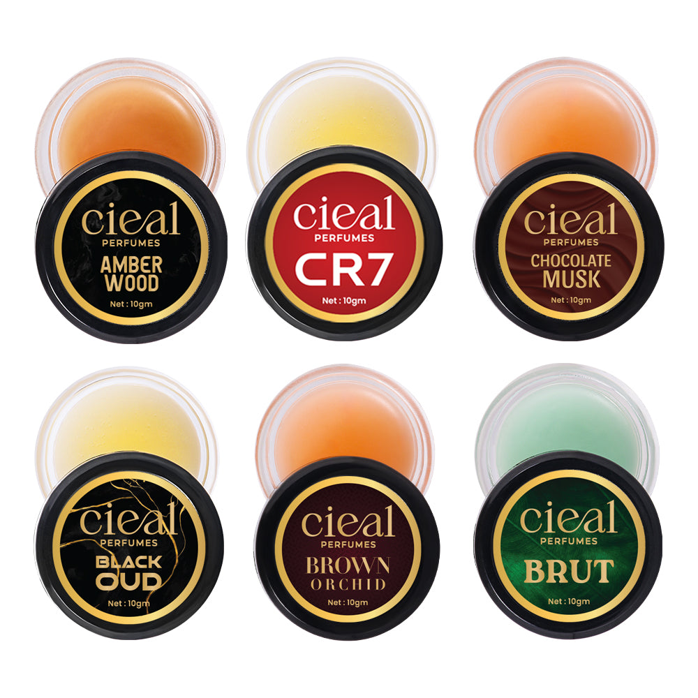 CIEAL Solid Perfume 6-Pack – Amber Wood | CR7 | Chocolate Musk | Black Oud | Brown Orchid | Brut.