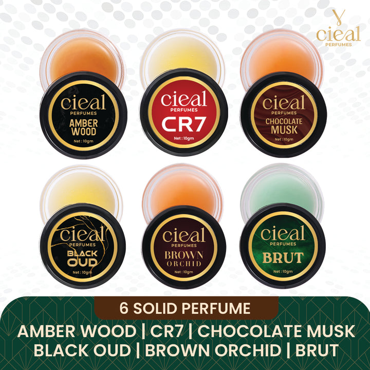 CIEAL Solid Perfume 6-Pack – Amber Wood | CR7 | Chocolate Musk | Black Oud | Brown Orchid | Brut.