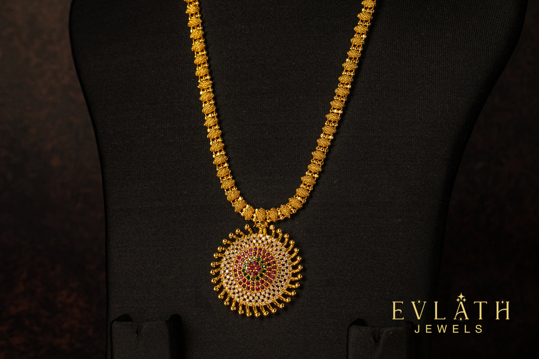 Premium quality gold-plated Radiant Sunbeam Multicolored Stone pendant set - Evlath Jewels