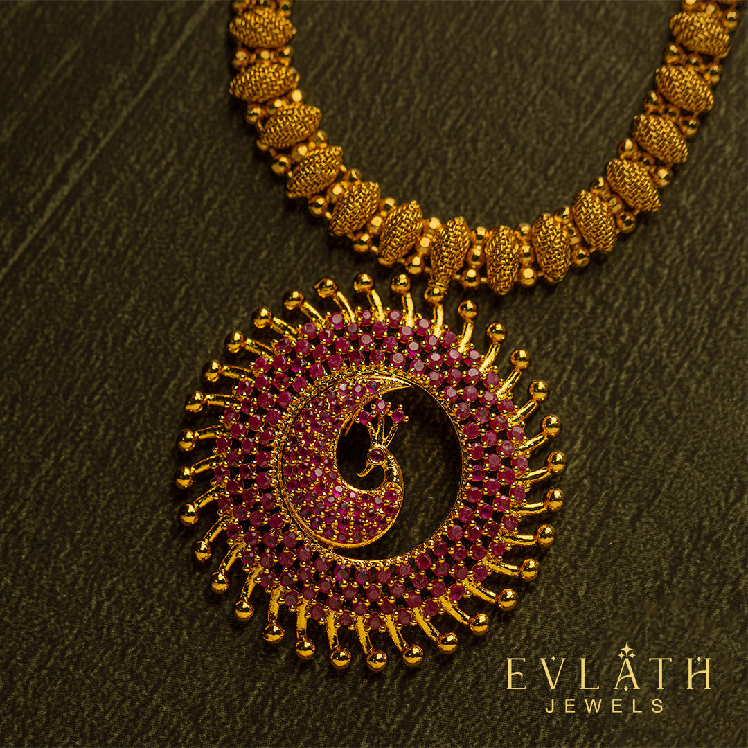 Premium quality gold-plated peacock ruby Stone pendant set - Evlath Jewels