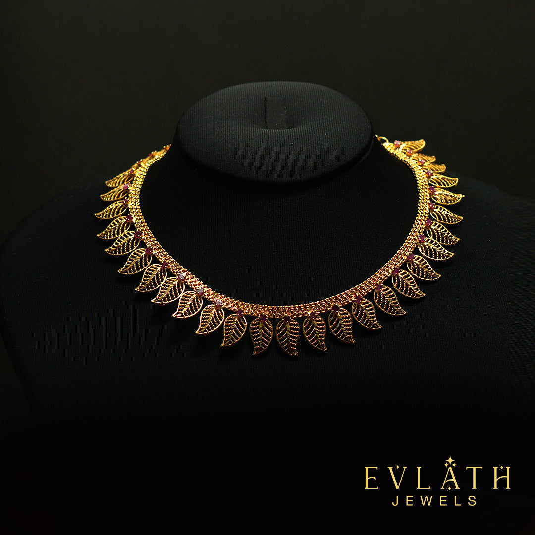 Premium Quality Gold Plated Leaf Shaped Ruby Necklace - Evlath Jewels.