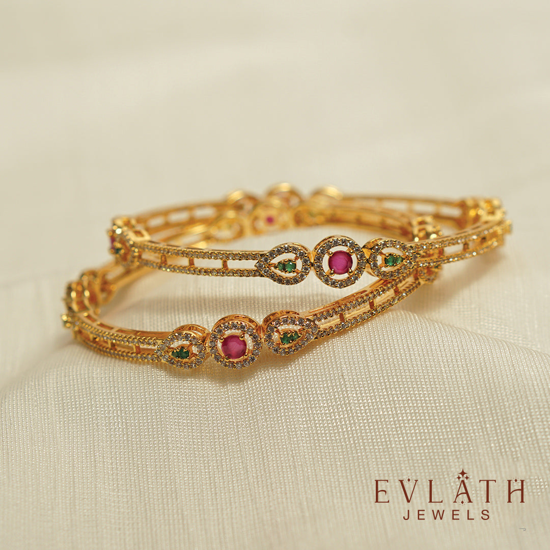 Elegant Gold-Plated Bangle Set with Green Ruby Accents – Evlath Jewels