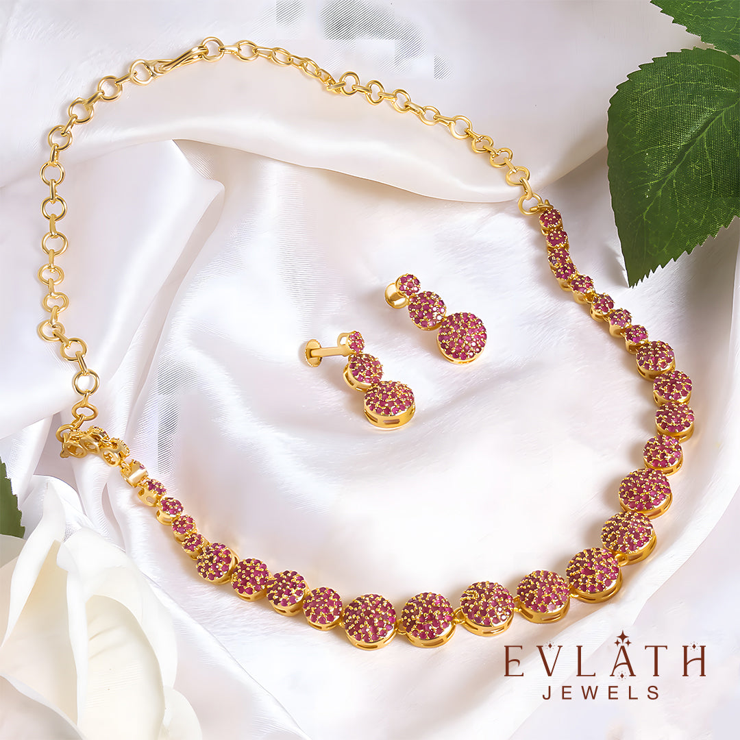 Gold-Plated Necklace and Earrings with Radiant Ruby Stone Beads – Evlath Jewels