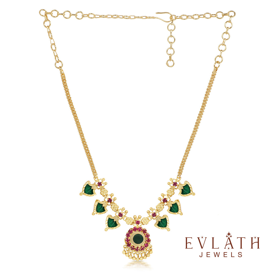 Gold-Plated Green Palakka Necklace, Adjustable Bangle & Earring Combo Set - Evlath jewels