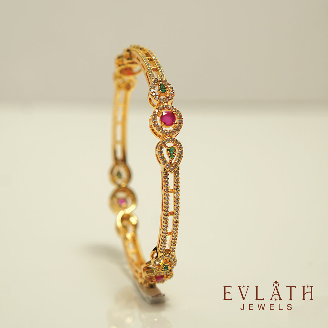 Elegant Gold-Plated Bangle Set with Green Ruby Accents – Evlath Jewels