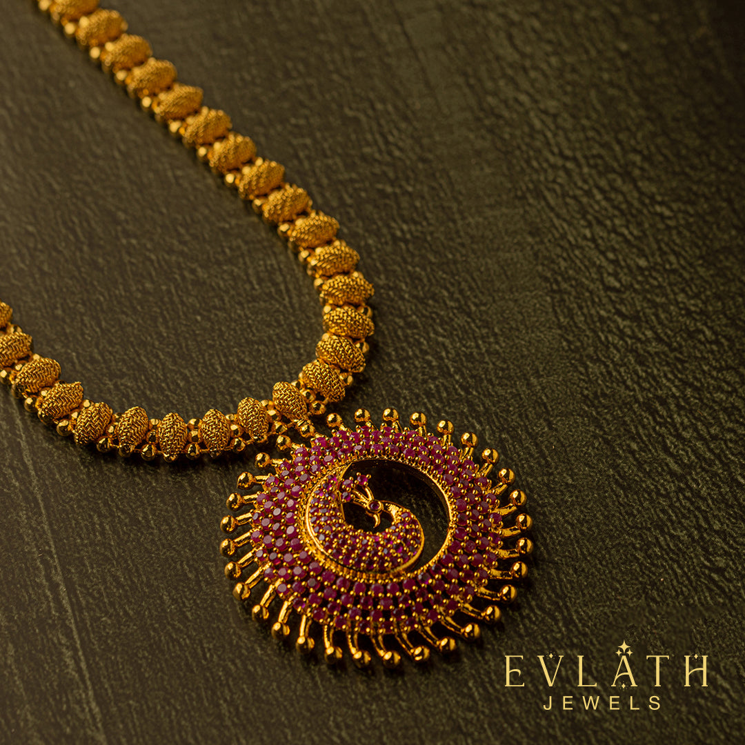Premium quality gold-plated peacock ruby Stone pendant set - Evlath Jewels