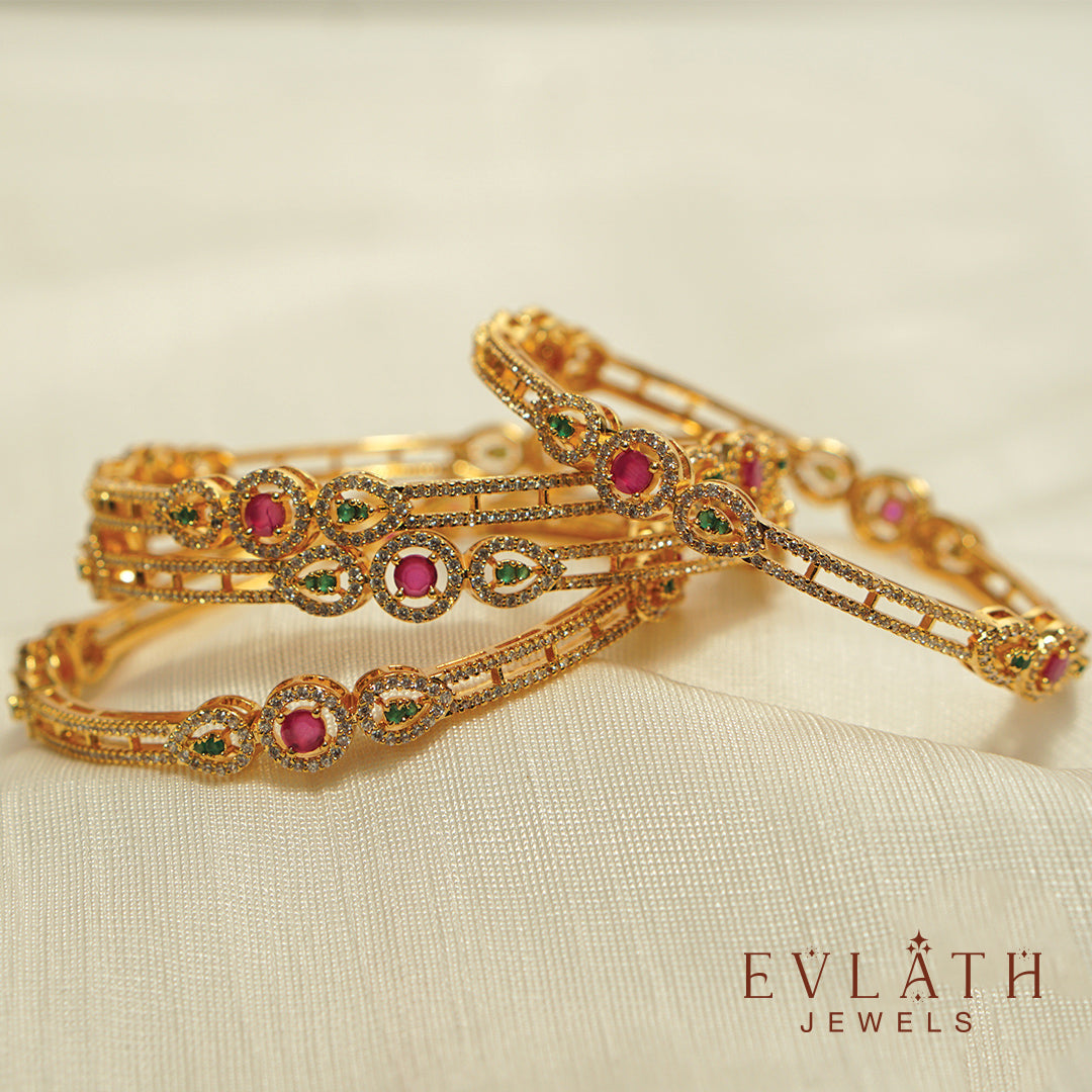 Elegant Gold-Plated Bangle Set with Green Ruby Accents – Evlath Jewels