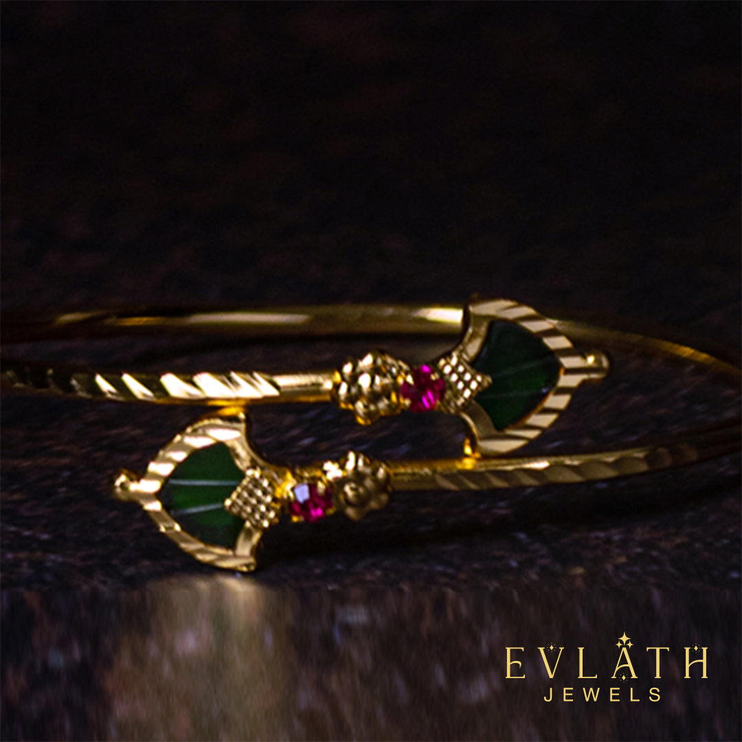 Gold-Plated Green Palakka Necklace, Adjustable Bangle & Earring Combo Set - Evlath jewels