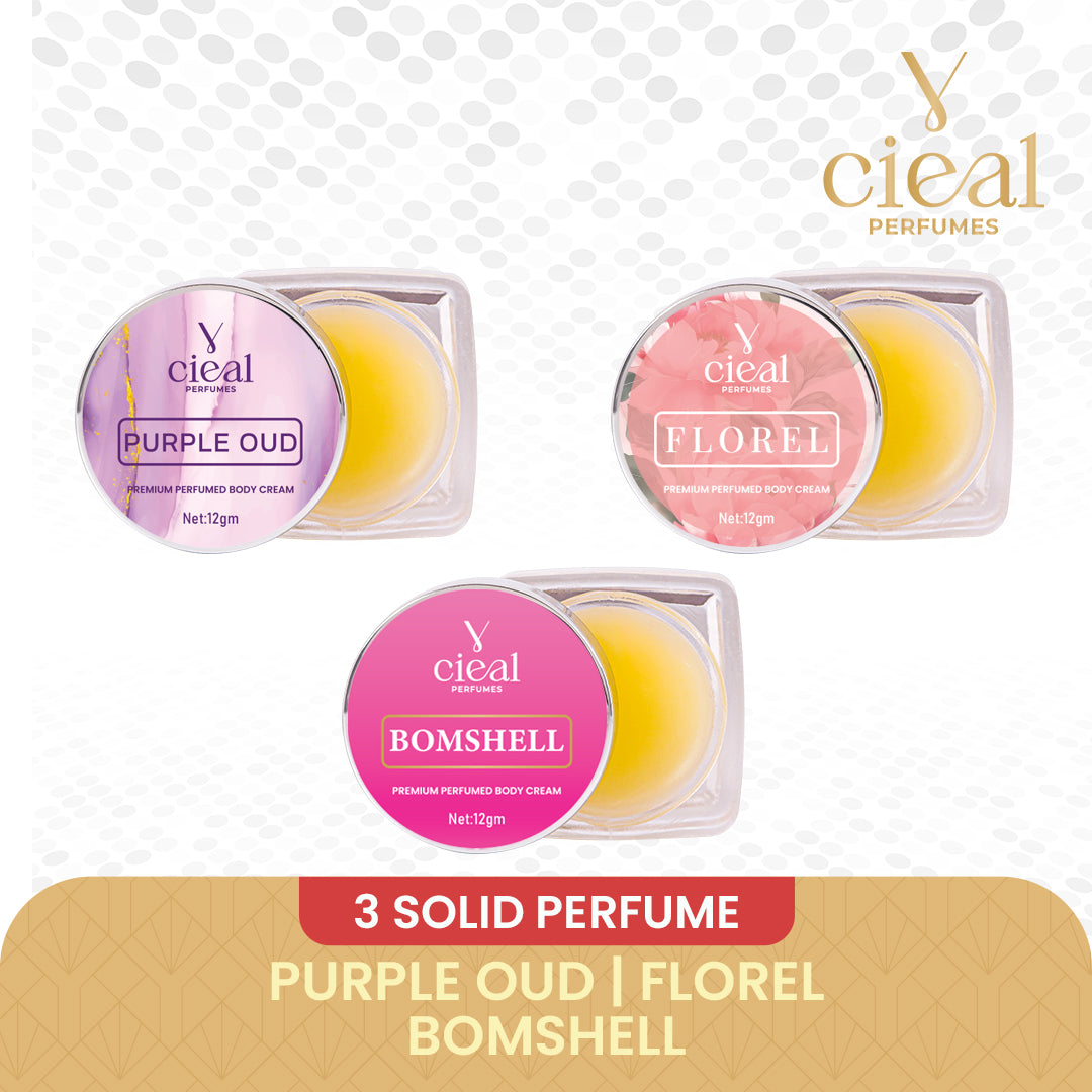 CIEAL Premium Solid Perfume Set of 3 – Inspired by PURPLE OUD, FLORAL,BOMBSHELL (WOMEN)