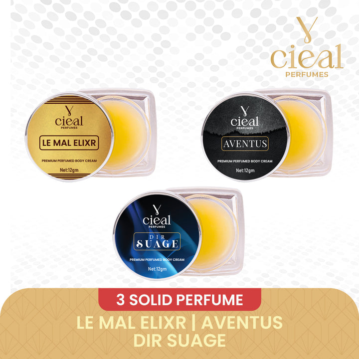 CIEAL Premium Solid Perfume Set of 3 – Inspired by LE MAL ELIXR, AVENTUS,DIR SUAGE (MEN)