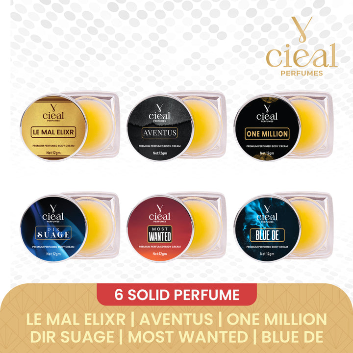 CIEAL Premium Solid Perfume Set of 6 – Inspired by LE MAL ELIXR, AVENTUS,ONE MILLION,DIR SUAGE,MOST WANTED,BLEU DE (MEN)