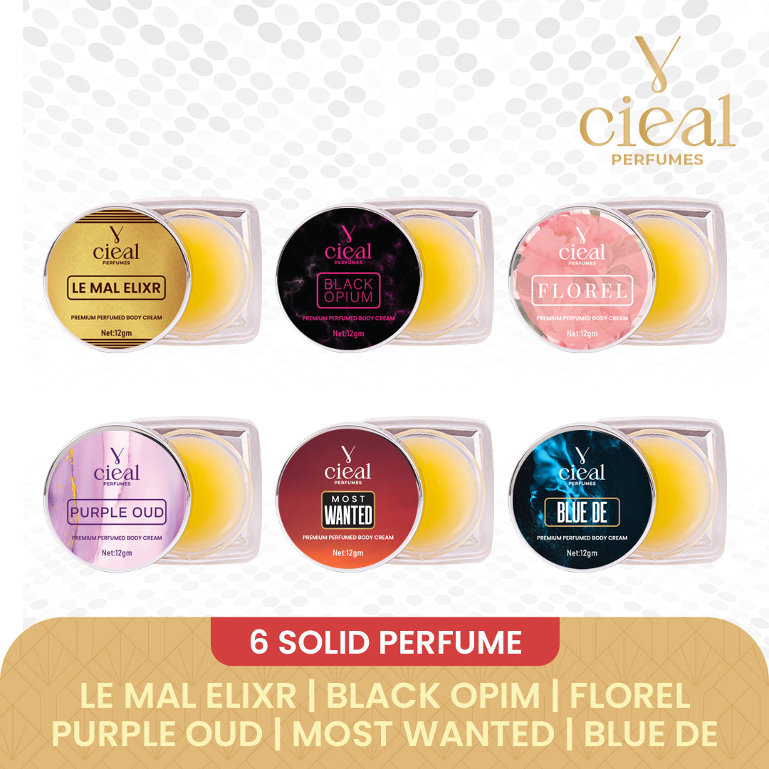 CIEAL Premium Solid Perfume Set of 6 – Inspired by FLORAL, PURPLE OUD, BLACK OPIUM, BLEU DE, LE MAL ELIXR,MOST WANTED (UNISEX)
