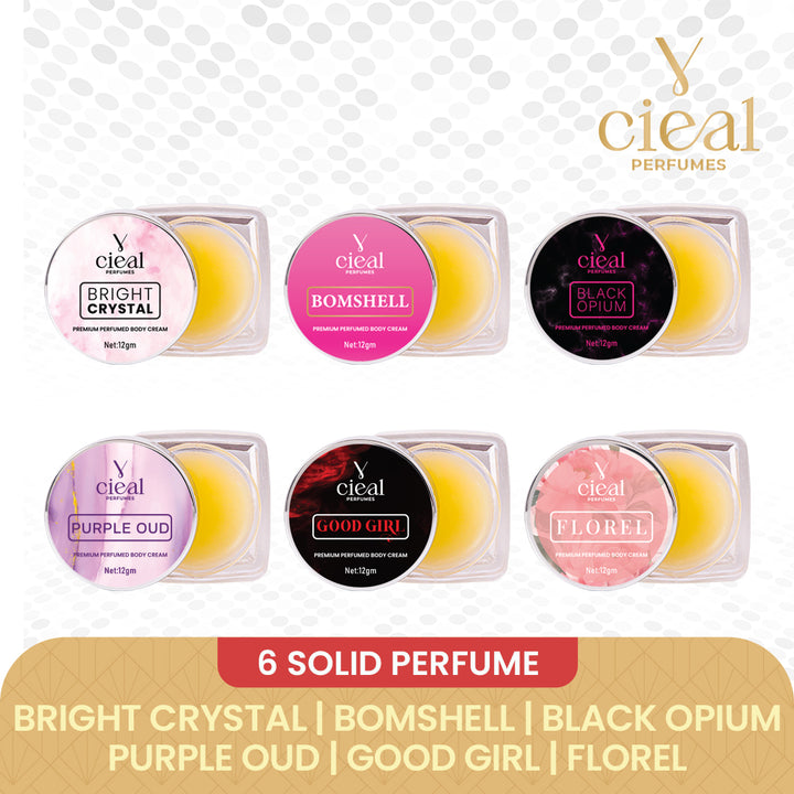 CIEAL Premium Solid Perfume Set of 6 – Inspired by BOMBSHELL, PURPLE OUD, BRIGHT CRYSTAL, BLACK OPIUM, GOOD GIRL,FLORAL (WOMEN)