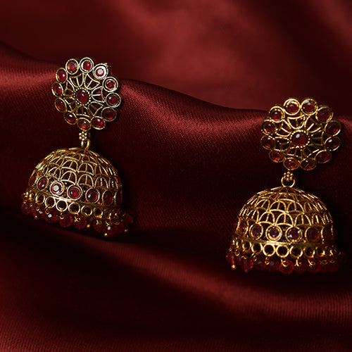 Matte-Finish Jhumka Earrings with Ruby Stones – Evlath Jewels.