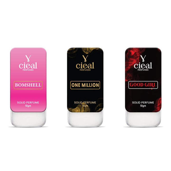 CIEAL SLIDING SOLID PERFUME – SET OF 3-2 INSPIRED BY BOMBSHELL, ONE MILLION & GOOD GIRL.