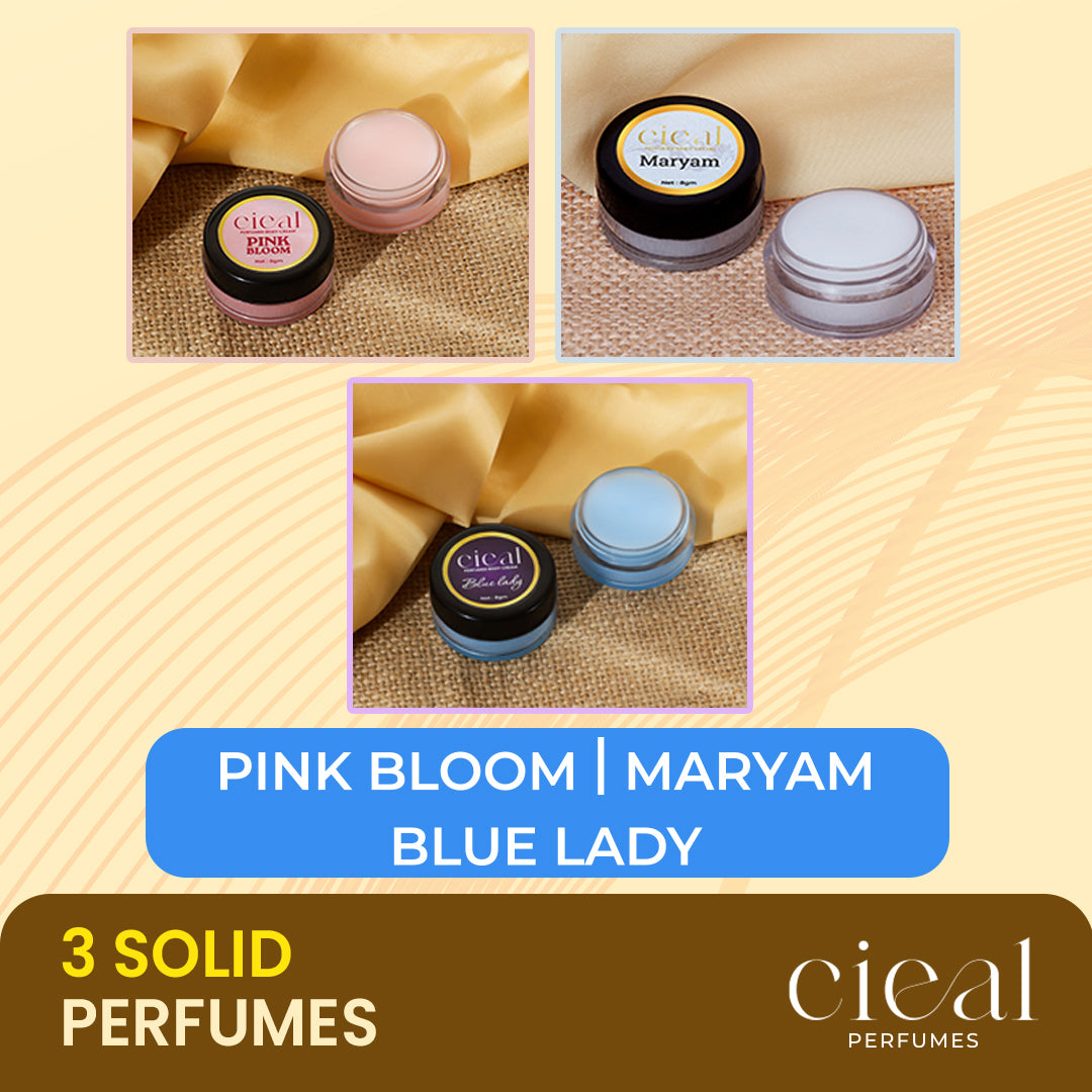 SET OF 3 SOLID PERFUMES – PINK BLOOM, MARYAM & BLUE LADY