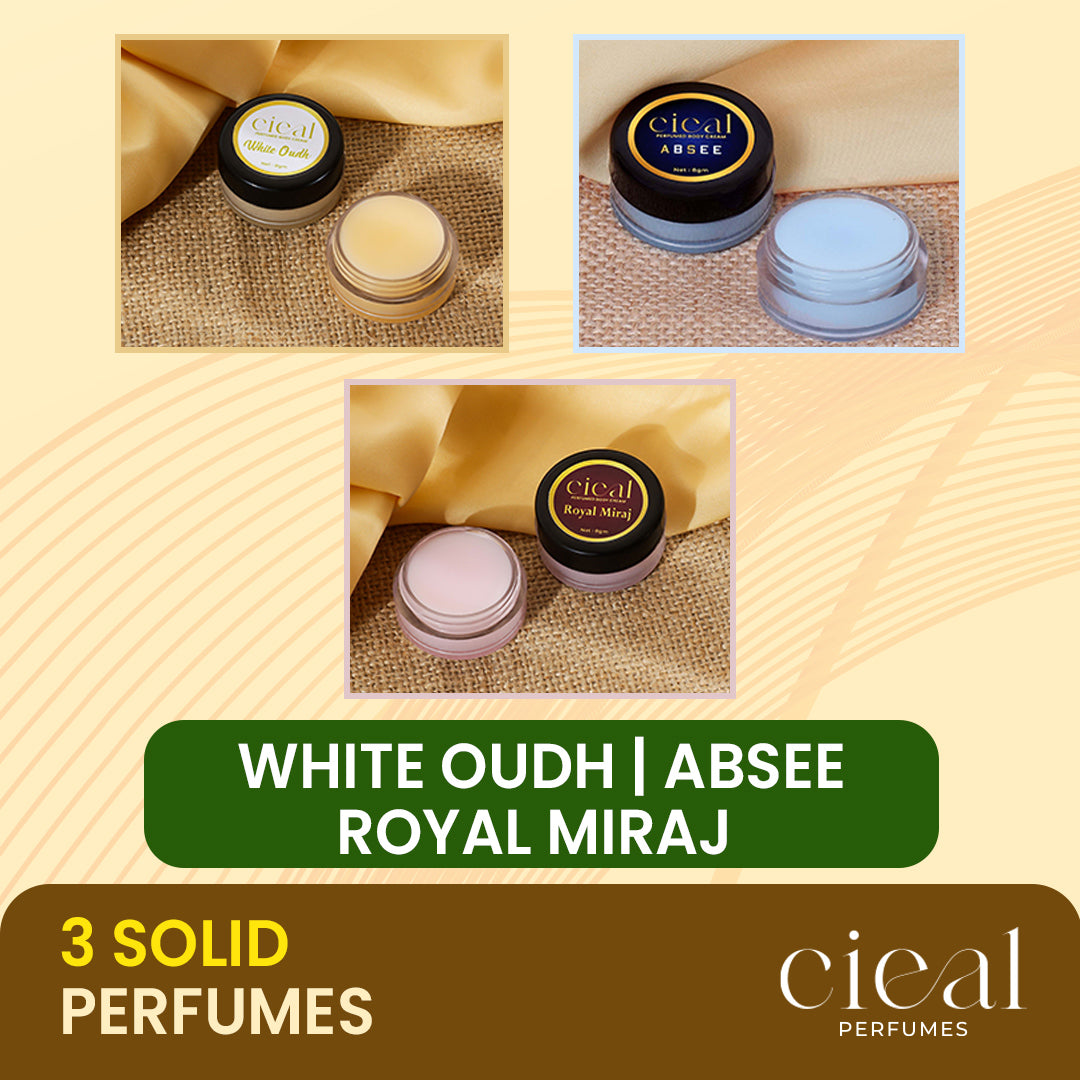 SET OF 3 SOLID PERFUMES – WHITE OUDH, ABSEE, ROYAL MIRAJ