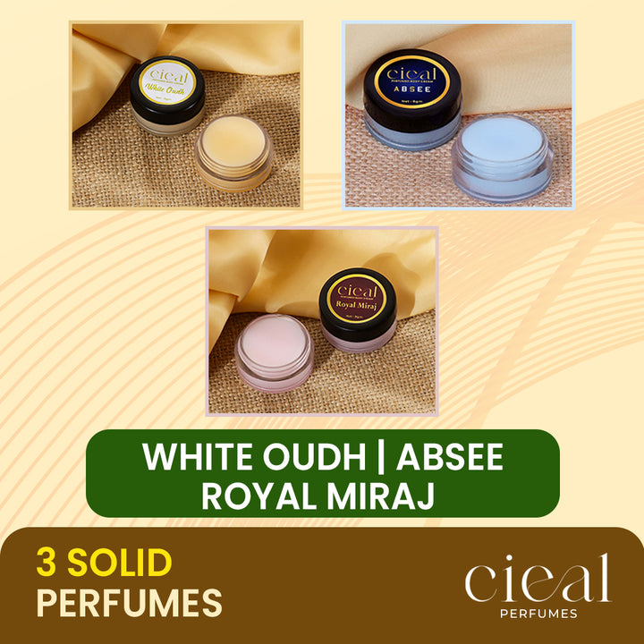 SET OF 3 SOLID PERFUMES – WHITE OUDH, ABSEE, ROYAL MIRAJ