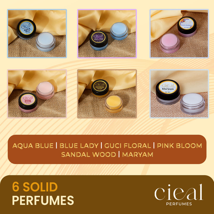 SET OF 6 SOLID PERFUMES – AQUA BLUE | BLUE LADY | GUCI FLORAL | PINK BLOOM | SANDALWOOD | MARYAM