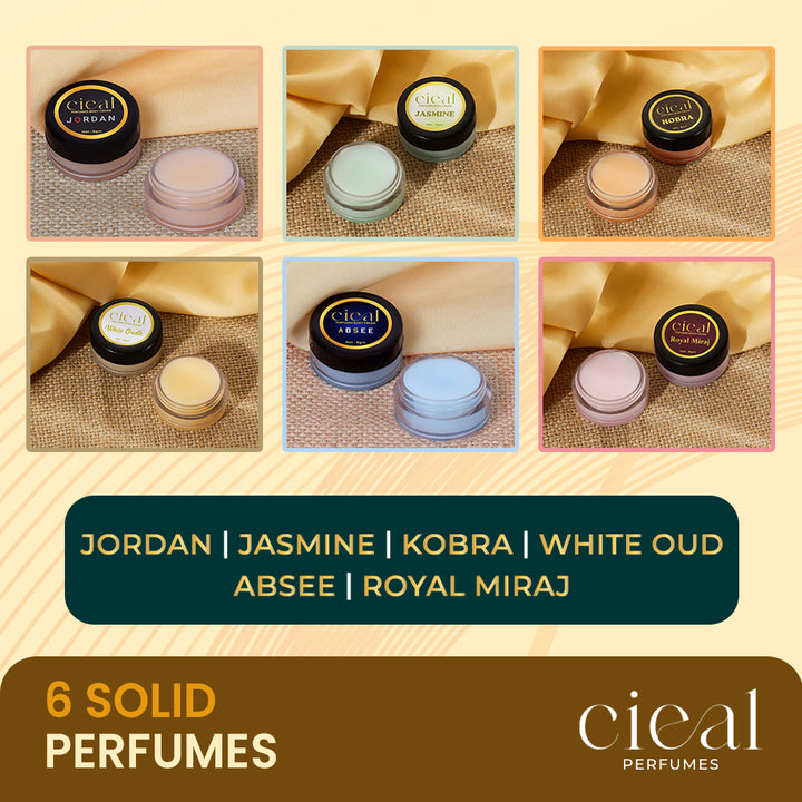SET OF 6 SOLID PERFUMES – JORDAN | JASMINE | KOBRA | WHITE OUD | ABSEE | ROYAL MIRAJ