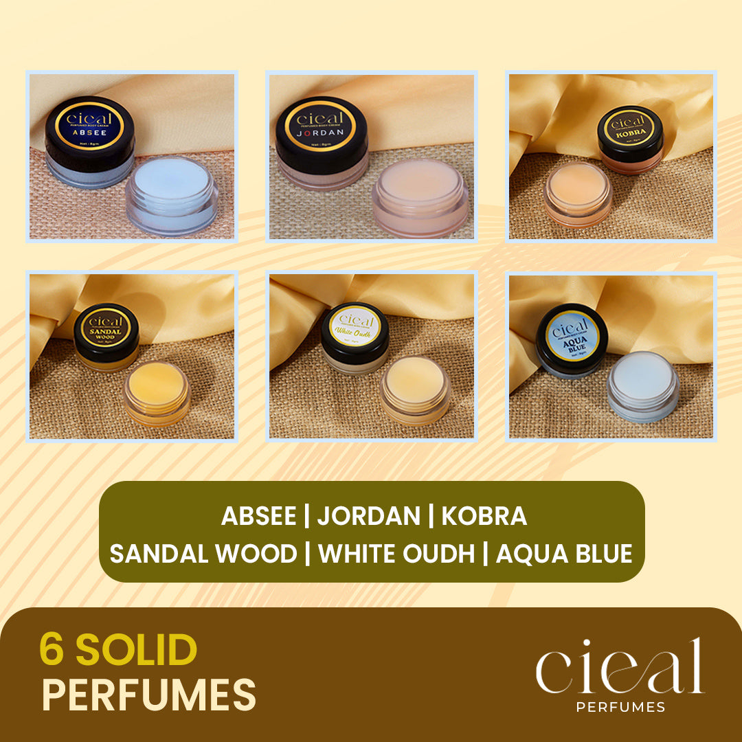 SET OF 6 SOLID PERFUMES – ABSEE | JORDAN | KOBRA | SANDALWOOD | WHITE OUDH | AQUA BLUE