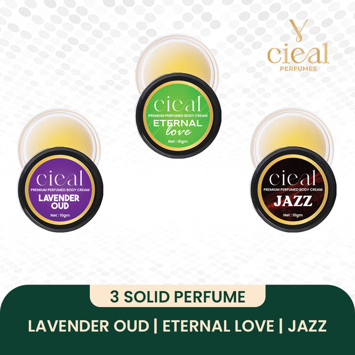 SET OF 3 SOLID PERFUMES – LAVENDER OUD | ETERNAL LOVE | JAZZ