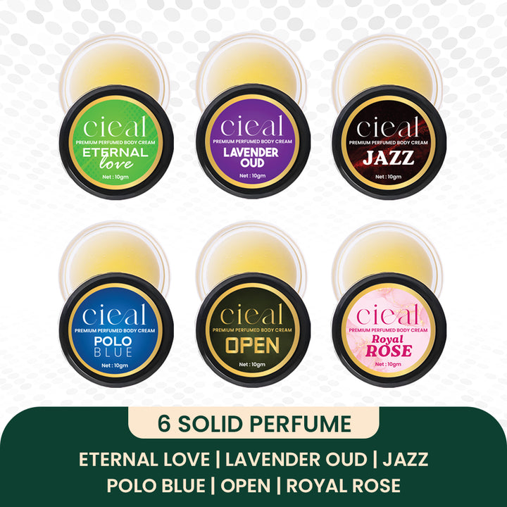 SET OF 6 SOLID PERFUMES – ETERNAL LOVE | LAVENDER OUD | JAZZ | POLO BLUE | OPEN | ROYAL ROSE