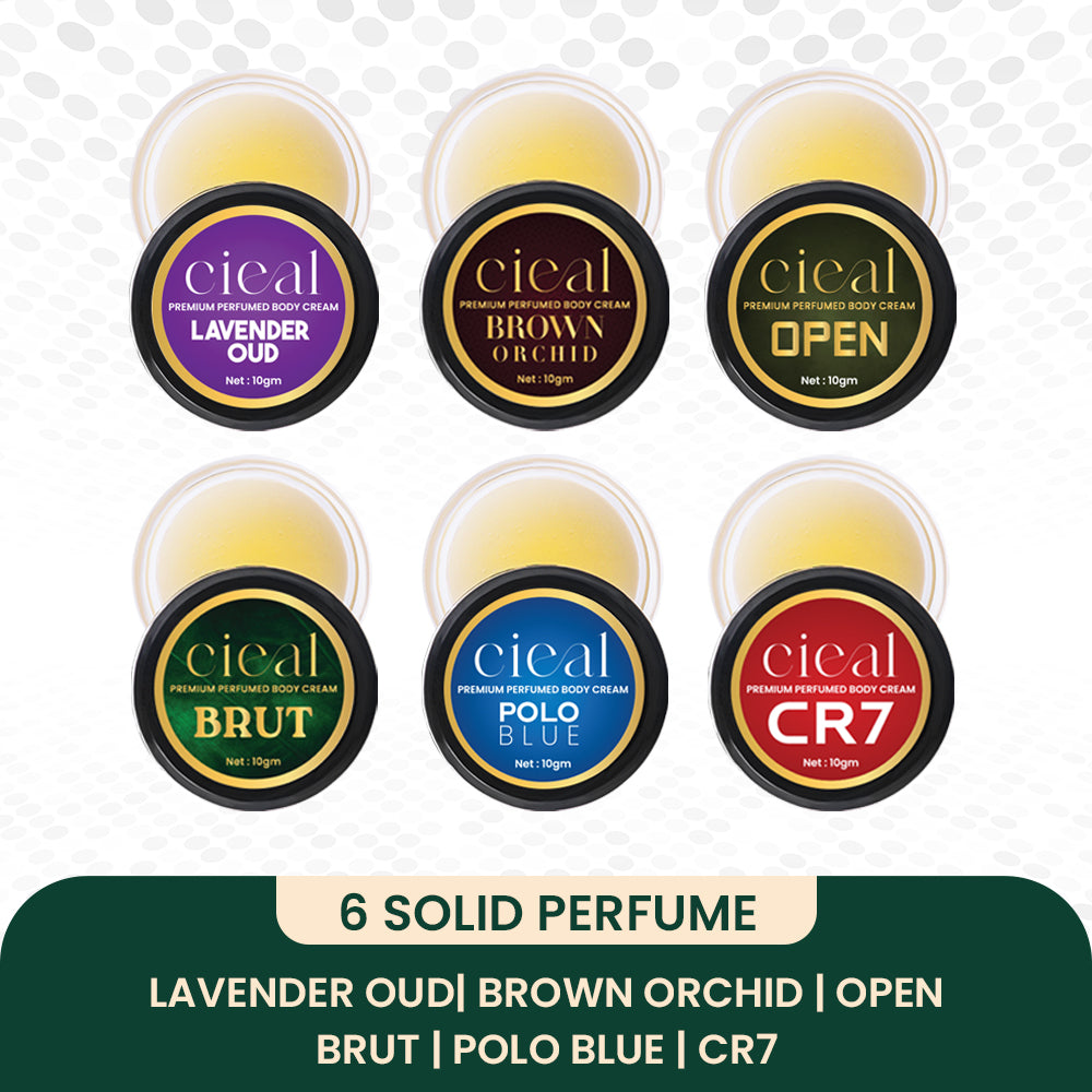SET OF 6 SOLID PERFUMES – LAVENDER OUD | BROWN ORCHID | OPEN | BRUT | POLO BLUE | CR7