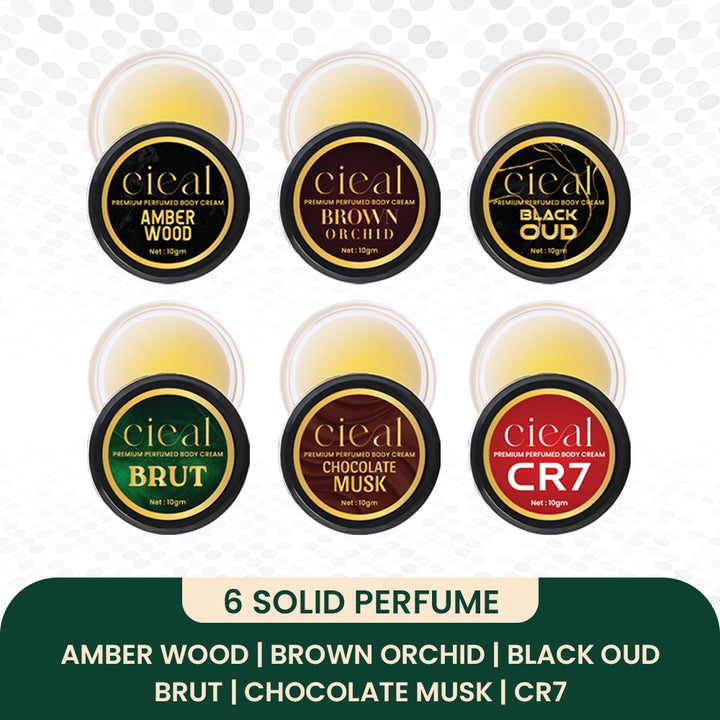 SET OF 6 SOLID PERFUMES – AMBER WOOD | BROWN ORCHID | BLACK OUD | BRUT | CHOCOLATE MUSK | CR7