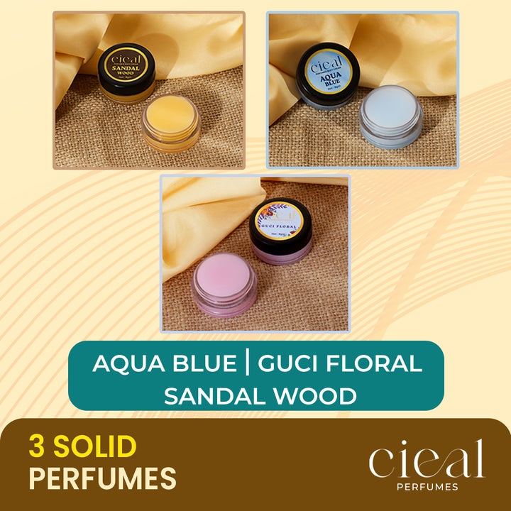 SET OF 3 SOLID PERFUMES – AQUA BLUE, GUCCI FLORAL, AND SANDALWOOD