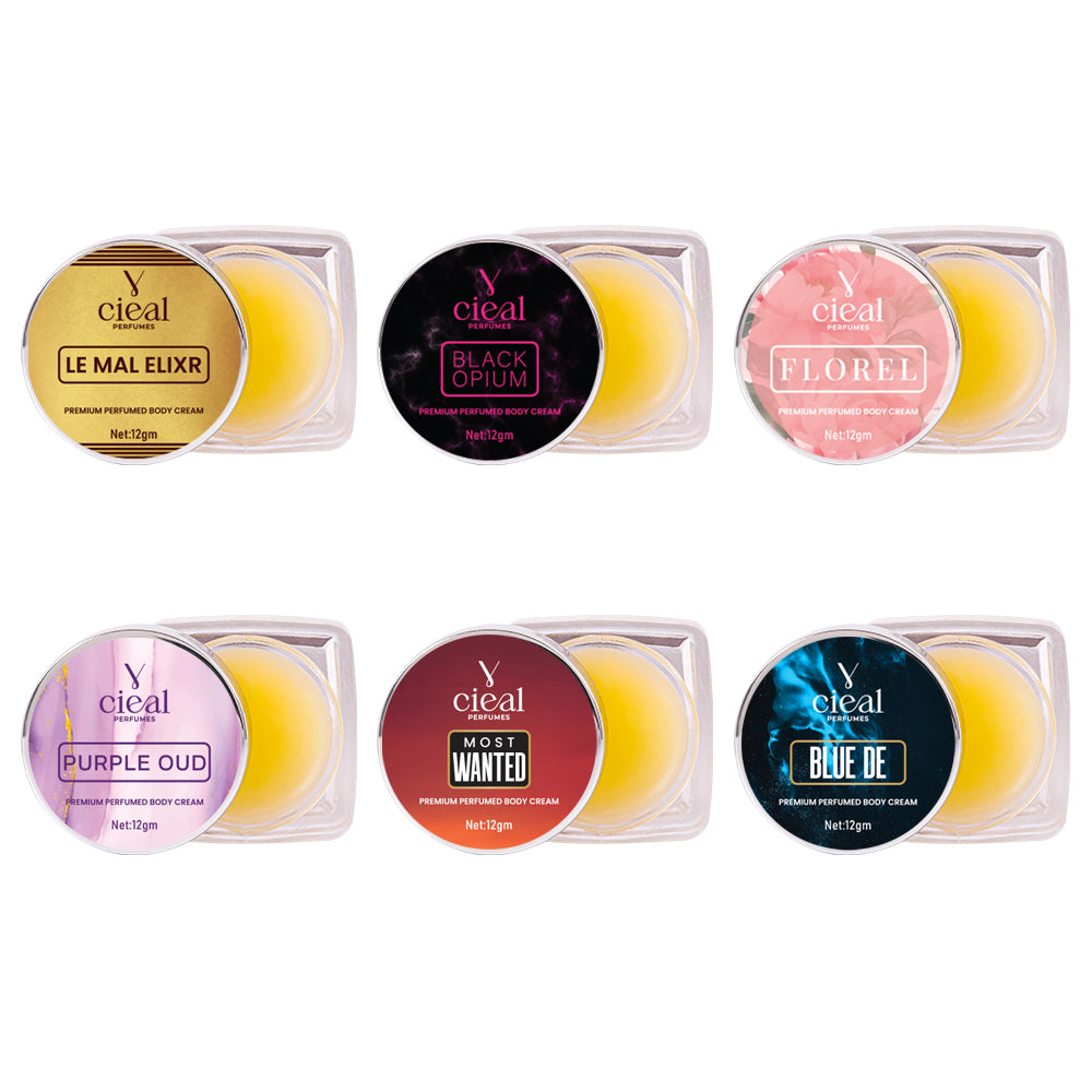 CIEAL Premium Solid Perfume Set of 6 – Inspired by FLORAL, PURPLE OUD, BLACK OPIUM, BLEU DE, LE MAL ELIXR,MOST WANTED (UNISEX)