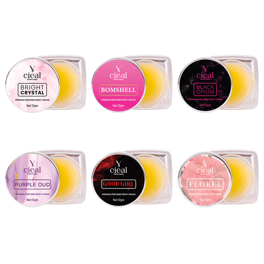 CIEAL Premium Solid Perfume Set of 6 – Inspired by BOMBSHELL, PURPLE OUD, BRIGHT CRYSTAL, BLACK OPIUM, GOOD GIRL,FLORAL (WOMEN)