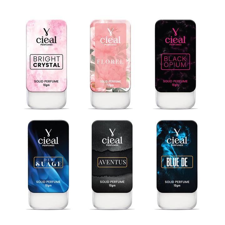 CIEAL SLIDING SOLID PERFUME – SET OF 6-2 INSPIRED BY BRIGHT CRYSTAL, GUCCI FLORA, BLACK OPIUM, DIOR SAUVAGE, CREED AVENTUS & BLEU DE CHANEL.