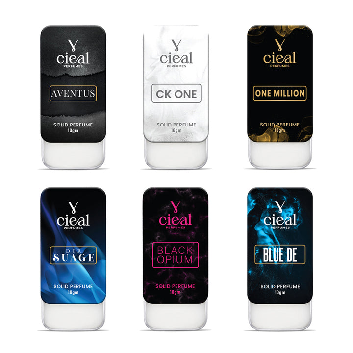 CIEAL SLIDING SOLID PERFUME – SET OF 6-3 INSPIRED BY CREED AVENTUS, CK ONE, ONE MILLION, DIOR SAUVAGE, BLACK OPIUM & BLEU DE CHANEL.