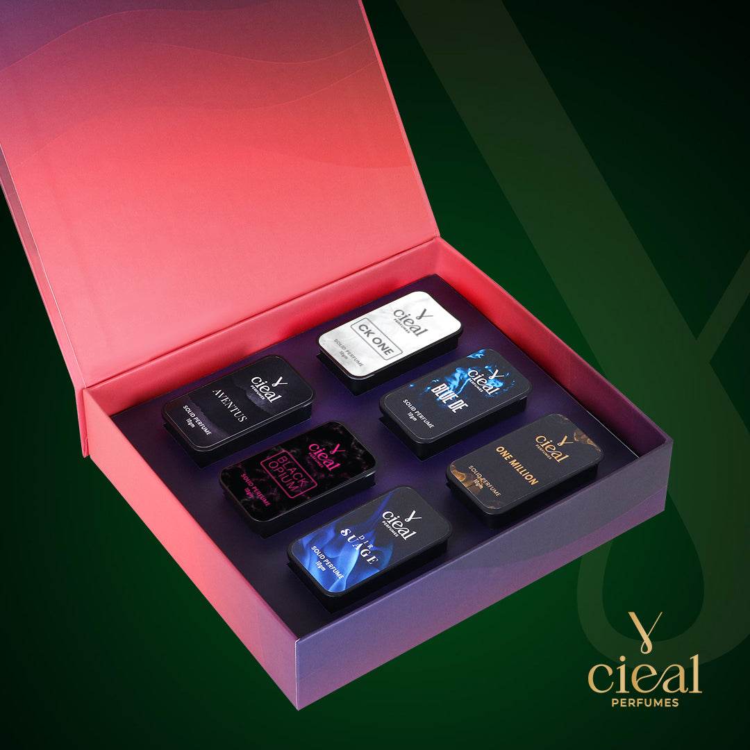 CIEAL SLIDING SOLID PERFUME – SET OF 6-3 INSPIRED BY CREED AVENTUS, CK ONE, ONE MILLION, DIOR SAUVAGE, BLACK OPIUM & BLEU DE CHANEL.