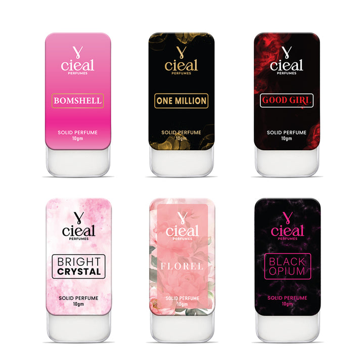 CIEAL SLIDING SOLID PERFUME SET OF 6-1 INSPIRED BY BOMBSHELL, ONE MILLION, GOOD GIRL, BRIGHT CRYSTAL, GUCCI FLORA & BLACK OPIUM.